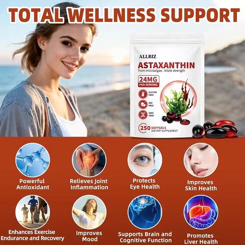ALLBIZ Astaxanthin 24mg | 250 Softgels | 250-Day Supply | Premium Antioxidant Supplement Supports Eye, Skin, Brain & Liver Health | Natural Microalgae Source, Non-GMO, Gluten Free in Saudi Arabia