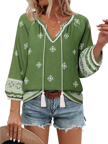 Vivilli Womens Boho Tops Casual V Neck 3/4 Sleeve Blouses Floral Print Shirt Tie Front Flowy Vacation Clothes in Saudi Arabia