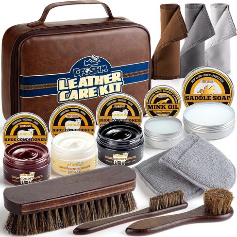 Shoe Shine Kit – Leather Shoe Polish w/ Lanolin Cream (Black/Brown/Neutral), Saddle Soap 3.53oz, Mink Oil, Horsehair Brushes – Deep Clean & Waterproof Care for Boots & Dress Shoes – Gift for Men Women in Saudi Arabia