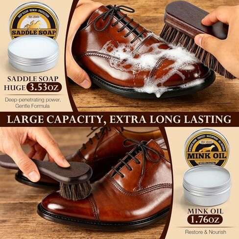 Shoe Shine Kit – Leather Shoe Polish w/ Lanolin Cream (Black/Brown/Neutral), Saddle Soap 3.53oz, Mink Oil, Horsehair Brushes – Deep Clean & Waterproof Care for Boots & Dress Shoes – Gift for Men Women in Saudi Arabia