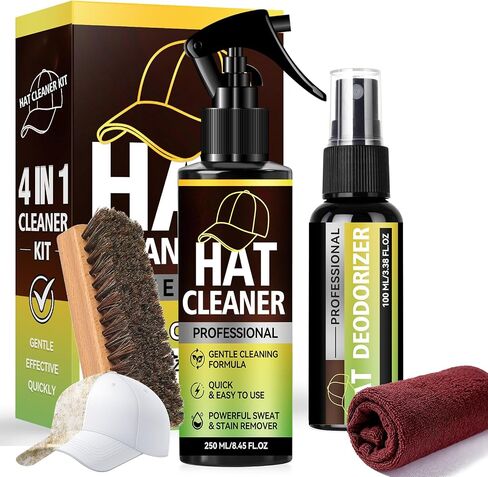 Hat Cleaning Kit, Professional 4-in-1 Hat Cleaner & Deodorizer Spray, Includes Soft Brush & Microfiber Cloth, for Baseball, Trucker, Felt, Wool, Dad Hats, No Water Needed, Remove Stains & Odors in Saudi Arabia