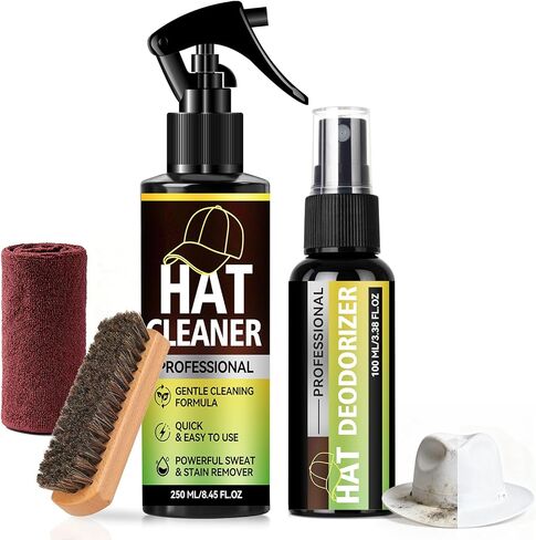 Hat Cleaning Kit, Professional 4-in-1 Hat Cleaner & Deodorizer Spray, Includes Soft Brush & Microfiber Cloth, for Baseball, Trucker, Felt, Wool, Dad Hats, No Water Needed, Remove Stains & Odors in Saudi Arabia
