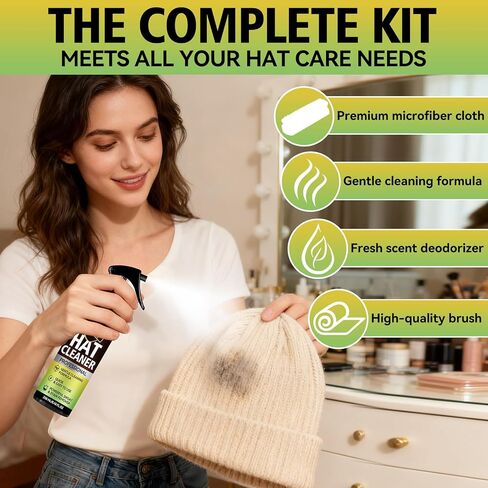Hat Cleaning Kit, Professional 4-in-1 Hat Cleaner & Deodorizer Spray, Includes Soft Brush & Microfiber Cloth, for Baseball, Trucker, Felt, Wool, Dad Hats, No Water Needed, Remove Stains & Odors in Saudi Arabia