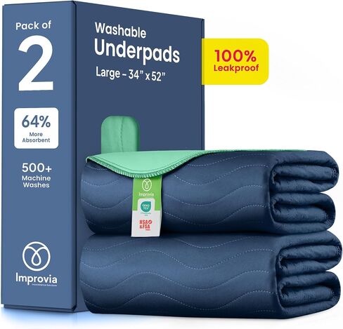 IMPROVIA® Washable Underpads, Heavy Absorbency Reusable Incontinence Pads for Kids, Adults, Elderly, and Pets, Waterproof Protection Floor (Navy & Green, 34"x52" (Pack of 2)) in Saudi Arabia