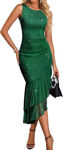 Meetjen Women's Sparkly Wedding Guest Dress Long Mesh Ruched Bodycon Mermaid Summer Maxi Formal Cocktail Party Dresses in Saudi Arabia