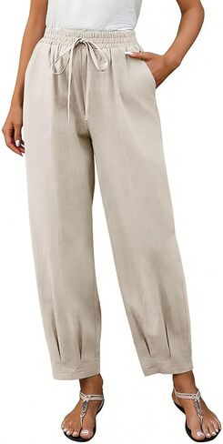 Cotton Linen Pants Women High Waist Drawstring Palazzo Summer Baggy Harem Pant Beach Casual Trousers with Pockets in Kuwait