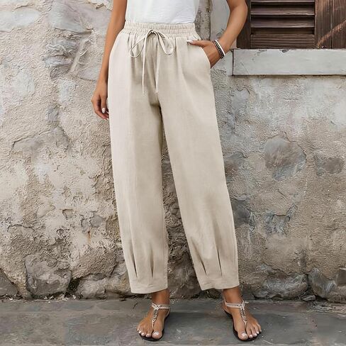 Cotton Linen Pants Women High Waist Drawstring Palazzo Summer Baggy Harem Pant Beach Casual Trousers with Pockets in Kuwait