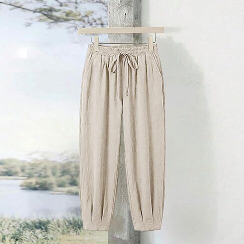 Cotton Linen Pants Women High Waist Drawstring Palazzo Summer Baggy Harem Pant Beach Casual Trousers with Pockets in Kuwait