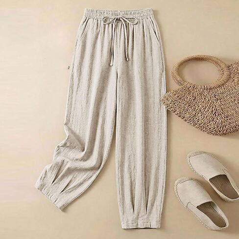 Cotton Linen Pants Women High Waist Drawstring Palazzo Summer Baggy Harem Pant Beach Casual Trousers with Pockets in Kuwait