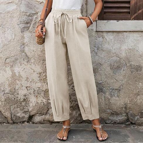 Cotton Linen Pants Women High Waist Drawstring Palazzo Summer Baggy Harem Pant Beach Casual Trousers with Pockets in Kuwait