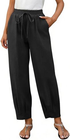 Cotton Linen Pants Women High Waist Drawstring Palazzo Summer Baggy Harem Pant Beach Casual Trousers with Pockets in Saudi Arabia