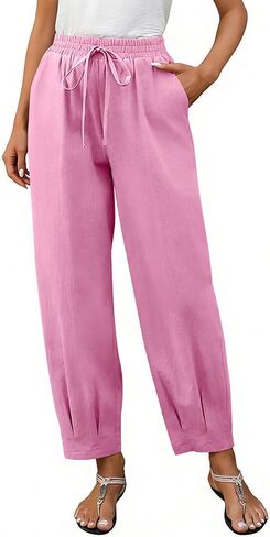 Cotton Linen Pants Women High Waist Drawstring Palazzo Summer Baggy Harem Pant Beach Casual Trousers with Pockets in Kuwait