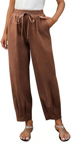 Cotton Linen Pants Women High Waist Drawstring Palazzo Summer Baggy Harem Pant Beach Casual Trousers with Pockets in Kuwait