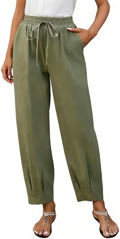 Cotton Linen Pants Women High Waist Drawstring Palazzo Summer Baggy Harem Pant Beach Casual Trousers with Pockets in Kuwait