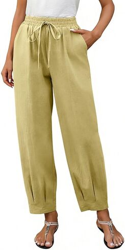 Cotton Linen Pants Women High Waist Drawstring Palazzo Summer Baggy Harem Pant Beach Casual Trousers with Pockets in Kuwait