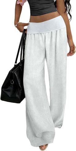 Linen Pants Women Wide Leg Palazzo Pants Beach Vacation Outfits Cotton Summer Holiday Flowy Trousers with Pockets in Kuwait