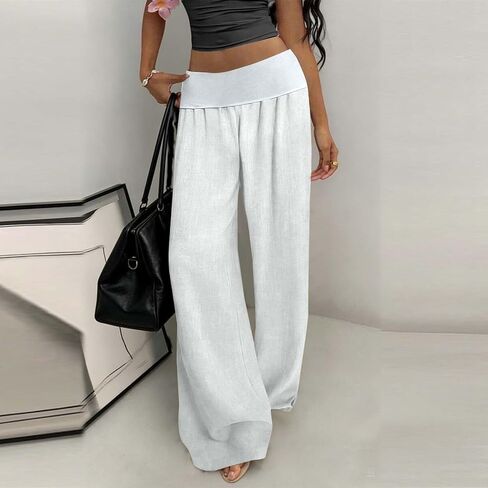 Linen Pants Women Wide Leg Palazzo Pants Beach Vacation Outfits Cotton Summer Holiday Flowy Trousers with Pockets in Kuwait