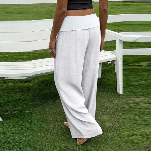 Linen Pants Women Wide Leg Palazzo Pants Beach Vacation Outfits Cotton Summer Holiday Flowy Trousers with Pockets in Kuwait