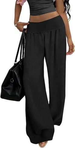Linen Pants Women Wide Leg Palazzo Pants Beach Vacation Outfits Cotton Summer Holiday Flowy Trousers with Pockets in Kuwait