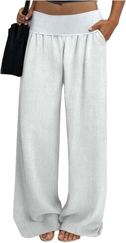 Linen Pants Women Wide Leg Palazzo Pants Beach Vacation Outfits Cotton Summer Holiday Flowy Trousers with Pockets in Kuwait