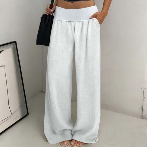 Linen Pants Women Wide Leg Palazzo Pants Beach Vacation Outfits Cotton Summer Holiday Flowy Trousers with Pockets in Kuwait