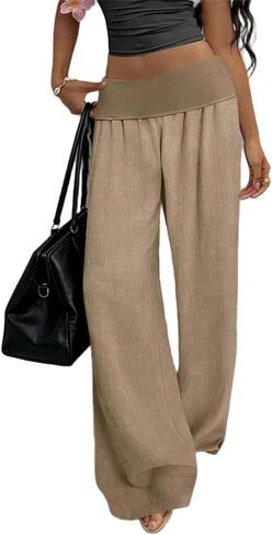 Linen Pants Women Wide Leg Palazzo Pants Beach Vacation Outfits Cotton Summer Holiday Flowy Trousers with Pockets in Kuwait