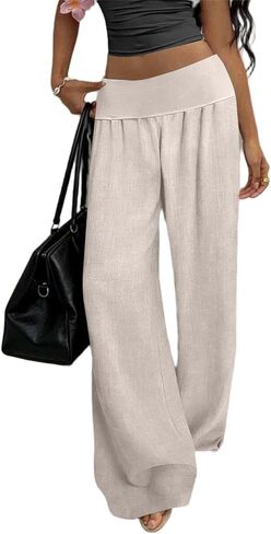 Linen Pants Women Wide Leg Palazzo Pants Beach Vacation Outfits Cotton Summer Holiday Flowy Trousers with Pockets in Kuwait