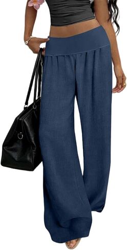 Linen Pants Women Wide Leg Palazzo Pants Beach Vacation Outfits Cotton Summer Holiday Flowy Trousers with Pockets in Kuwait