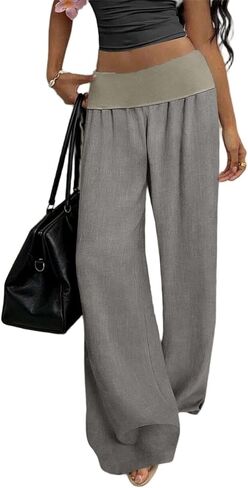 Linen Pants Women Wide Leg Palazzo Pants Beach Vacation Outfits Cotton Summer Holiday Flowy Trousers with Pockets in Kuwait