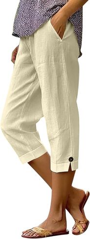 Cotton Capri Pants for Women Loose Fit Casual Straight Leg Cropped Pant Summer Linen Clothes with Pockets in Saudi Arabia