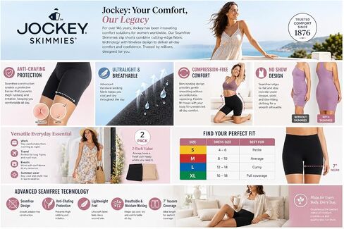 شورت نسائي من Jockey بدون خياطة من Skimmies مكون من قطعتين - أنحف الفخذ مضاد للاحتكاك، شورت خفيف الوزن يسمح بالتهوية وخالي من الضغط تحت الفستان، لا يظهر ملابس داخلية ناعمة (كبير جدًا، متعدد) in Kuwait
