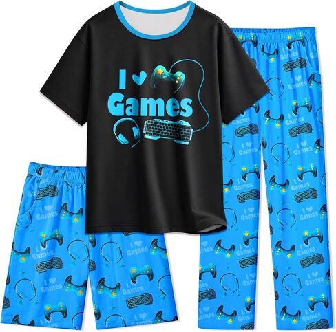 Boys Pajamas 3 Piece Set Big Boys Pjs Soft Short Sleeves, Shorts and Pants Kids Sleepwear Loungewear Size 8-14 in Saudi Arabia