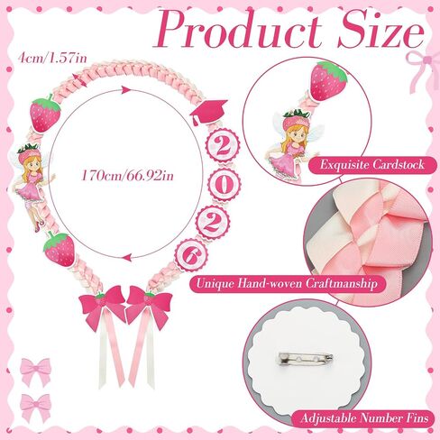 Norme 5.91ft Graduation Lei for Kid Strawberry Ribbon Lei Accessories Class of 2026 Grad Leis for Preschool Kindergarten Grad in Kuwait
