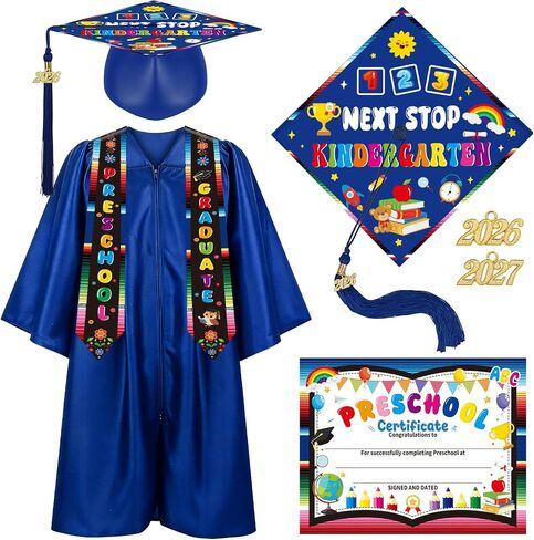 Kindergarten Preschool Graduation Cap Gown Set with Stole Certificate 2026 2027 Charms Tassel, Graduation Gifts in Kuwait