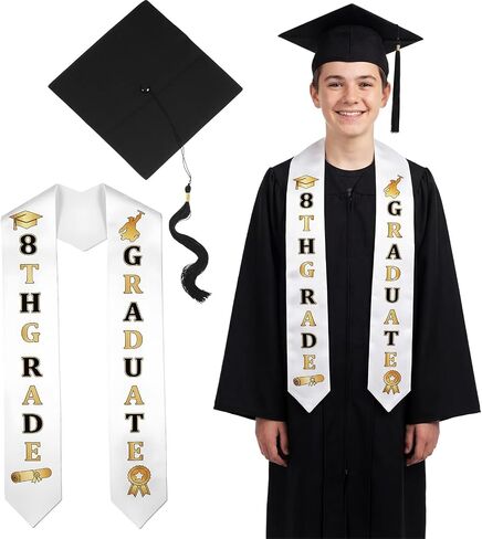 2 Pcs 8th Grade Graduation Cap and Stole, Unisex Black Gold Grad Cap and Graduation Stole for Boys Girls Gift in Saudi Arabia