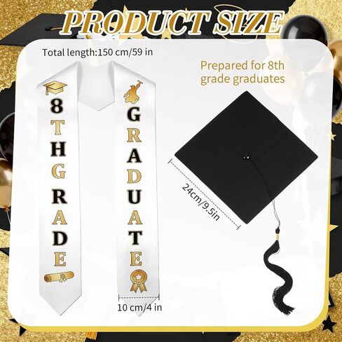 2 Pcs 8th Grade Graduation Cap and Stole, Unisex Black Gold Grad Cap and Graduation Stole for Boys Girls Gift in Saudi Arabia