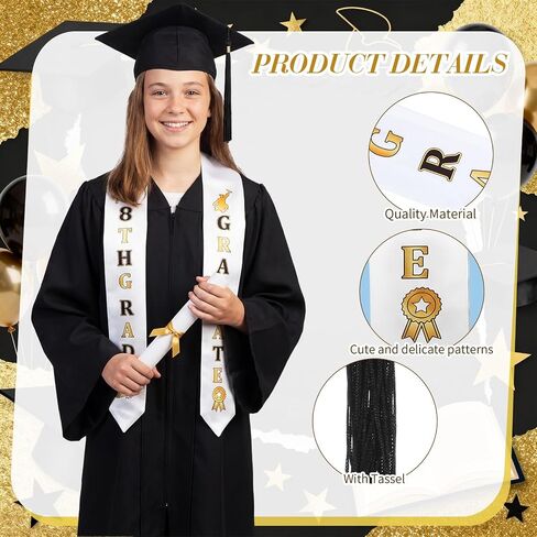 2 Pcs 8th Grade Graduation Cap and Stole, Unisex Black Gold Grad Cap and Graduation Stole for Boys Girls Gift in Saudi Arabia