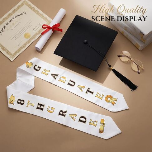 2 Pcs 8th Grade Graduation Cap and Stole, Unisex Black Gold Grad Cap and Graduation Stole for Boys Girls Gift in Saudi Arabia