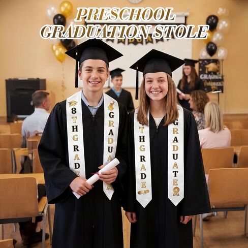 2 Pcs 8th Grade Graduation Cap and Stole, Unisex Black Gold Grad Cap and Graduation Stole for Boys Girls Gift in Saudi Arabia