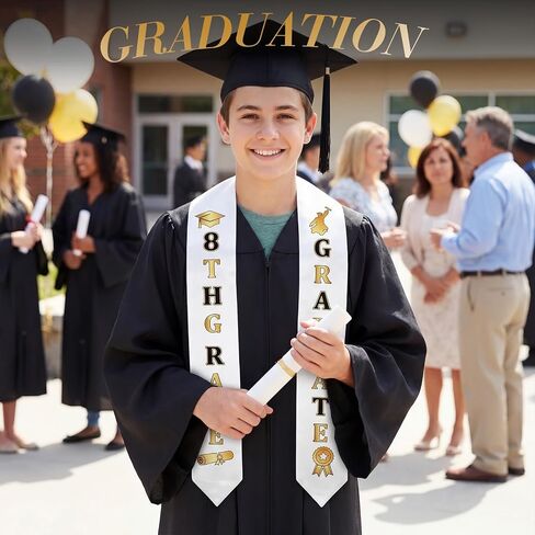 2 Pcs 8th Grade Graduation Cap and Stole, Unisex Black Gold Grad Cap and Graduation Stole for Boys Girls Gift in Saudi Arabia
