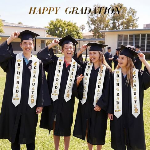 2 Pcs 8th Grade Graduation Cap and Stole, Unisex Black Gold Grad Cap and Graduation Stole for Boys Girls Gift in Saudi Arabia