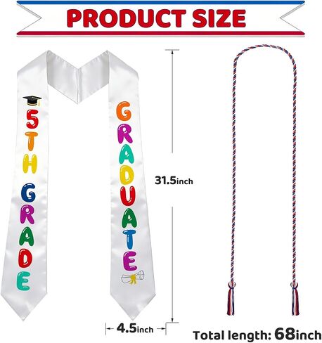 5TH Grade Graduation Decorations, 5th Grade Graduation Sash with Graduation Honor Cord, Fifth Grade Graduation Stole for Boy Girl Elementary School Graduation Ceremonies & Celebrations in Kuwait