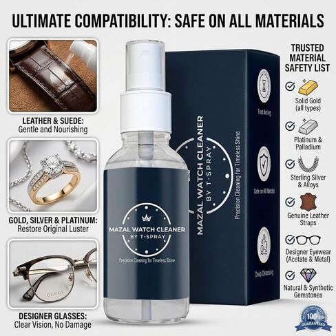 Mazal Watch and Jewelry Cleaner Spray kit. Cleaning Solution -Safe on All Metals, Crystals, Gold, Platinum, Precious Gemstones, Diamond Jewelry- Quick, Long Lasting Shine- TSA Approved 2oz in Saudi Arabia