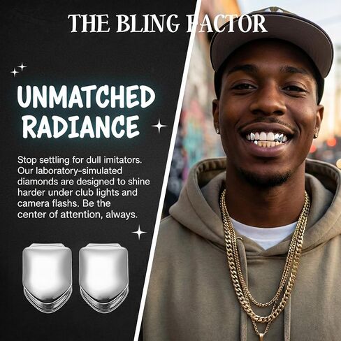 2 PCS Grills for Your Teeth, Grillz Teeth Men Hip Hop 18K Gold Tooth Cap Fake Grillz Mouth Teeth 90s Accessories for Women (Silver) in Kuwait