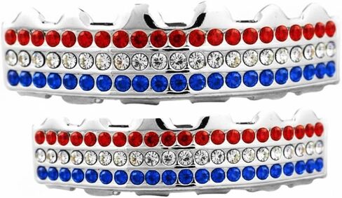 Team Color Silver Iced CZ Bling Mouth Teeth Grillz Red White Blue in Saudi Arabia