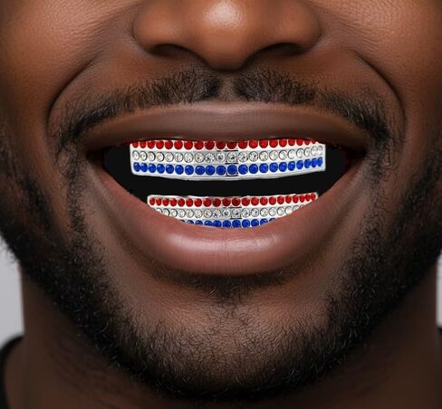 Team Color Silver Iced CZ Bling Mouth Teeth Grillz Red White Blue in Saudi Arabia