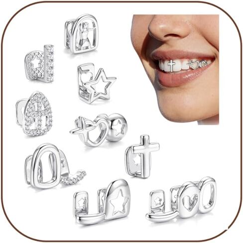 9PCS 18k Gold Plated Grills for Your Teeth Grillz for Women Men Gold Tooth Cap Teeth Jewelry Kit Hip Hop Vampire Halloween Party Single Fake Grillz with Molding Bars Star Fang Heart Cross in Saudi Arabia
