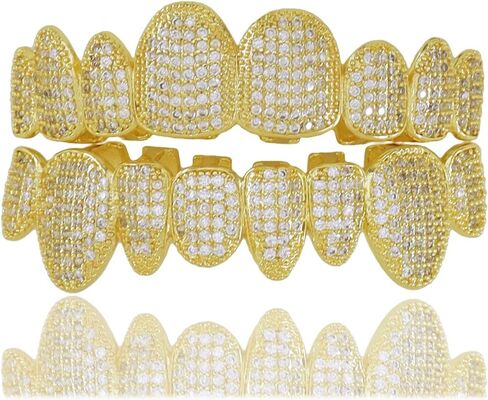 Diamond Grillz For Men Vampire 14K Gold Plated Finish 8 Top Teeth 8 Bottom Diamond Grills for Your Teeth with Extra Molding Bars Hip Hop Mouth Grills for Men and Women in Saudi Arabia