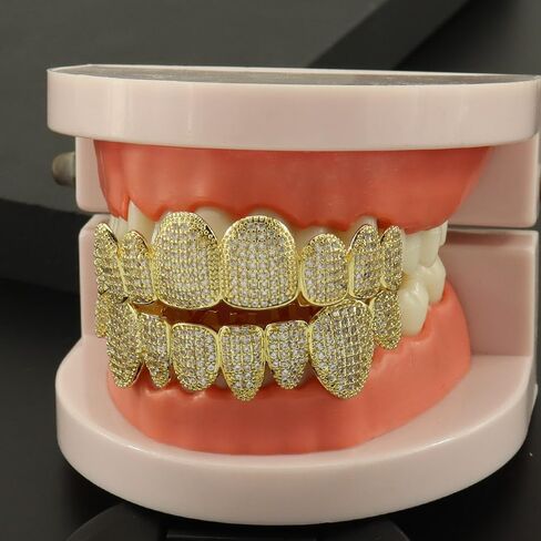 Diamond Grillz For Men Vampire 14K Gold Plated Finish 8 Top Teeth 8 Bottom Diamond Grills for Your Teeth with Extra Molding Bars Hip Hop Mouth Grills for Men and Women in Saudi Arabia
