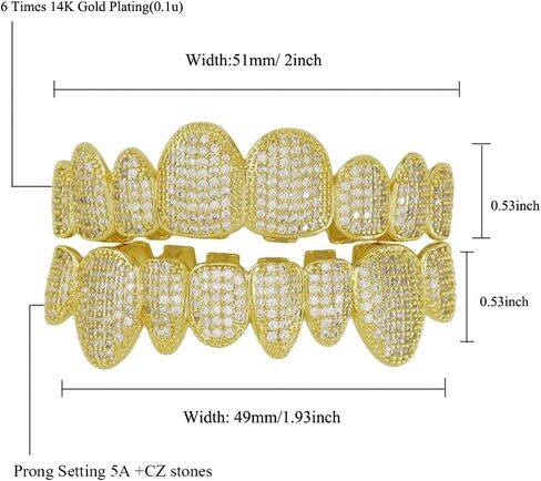 Diamond Grillz For Men Vampire 14K Gold Plated Finish 8 Top Teeth 8 Bottom Diamond Grills for Your Teeth with Extra Molding Bars Hip Hop Mouth Grills for Men and Women in Saudi Arabia